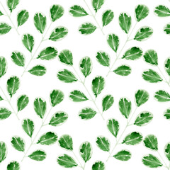 Seamless herbal pattern. Watercolor texture with green and white leaves, plant branches