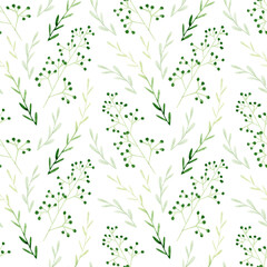 Seamless watercolor pattern with garden herbs. Background with green eucalyptus and olive leaves, branches