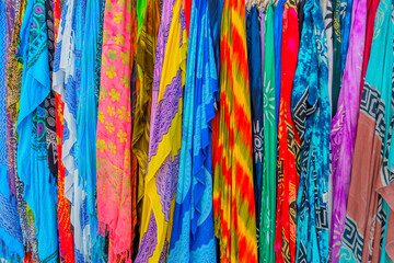 Greece santorini island, traditional clothes on clothing store in greek island