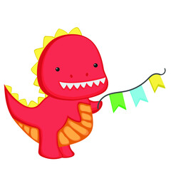 Cartoon dinosaur with flags. Vector illustration of a cute dinosaur in a flat style.