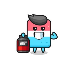 the muscular eraser character is holding a protein supplement