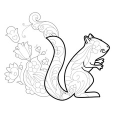 Contour linear illustration with animal for coloring book. Cute squirrel, anti stress picture. Line art design for adult or kids  in zentangle style and coloring page.