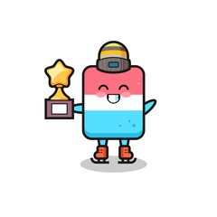 eraser cartoon as an ice skating player hold winner trophy