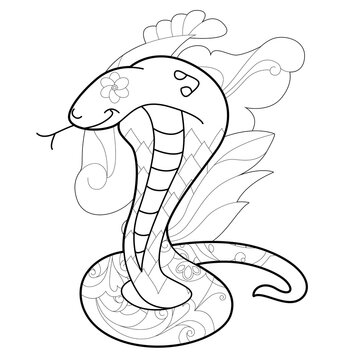Contour linear illustration with snake for coloring book. Cute cobra, anti stress picture. Line art design for adult or kids  in zentangle style and coloring page.