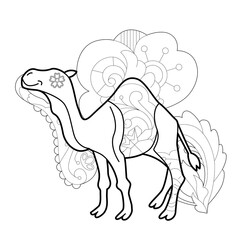 Contour linear illustration with animal for coloring book. Cute camel, anti stress picture. Line art design for adult or kids  in zentangle style and coloring page.