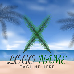 Obraz premium Letter X Logo Simbols Green tropical coconut leaf with creative summer concept and Beach Background 