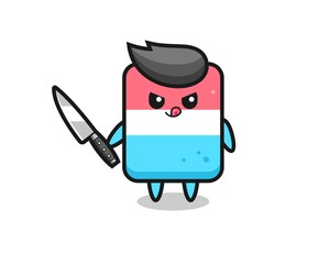 cute eraser mascot as a psychopath holding a knife