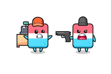 illustration of the cute eraser as a cashier is pointed a gun by a robber