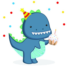 Cartoon dinosaur in a cap with a cake. Vector illustration of a cute dinosaur in a flat style.