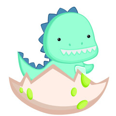 A cartoon newborn dinosaur in an egg shell. Vector illustration of a cute dinosaur in a flat style.