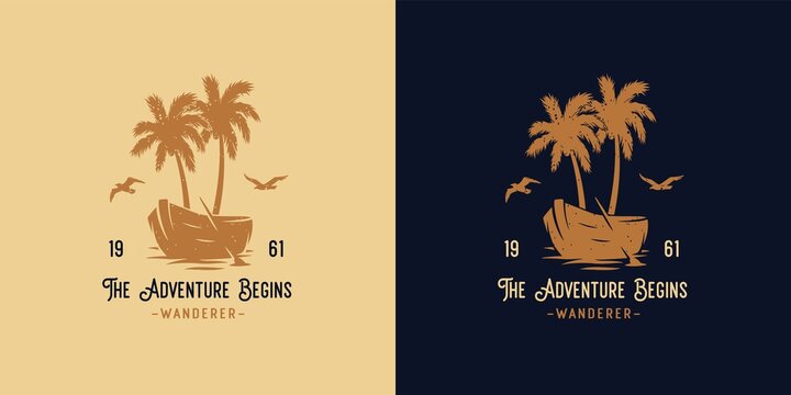 Wanderer travel. Tropical summer surfing for t-shirt print. Exotic marine hawaii adventure for voyager logo