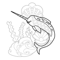 Contour linear illustration with marine animal for coloring book. Cute narwhal, anti stress picture. Line art design for adult or kids  in zentangle style and coloring page.