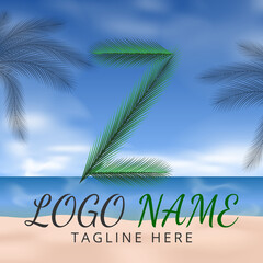 Fototapeta na wymiar Letter Z Logo Simbols Green tropical coconut leaf with creative summer concept and Beach Background 