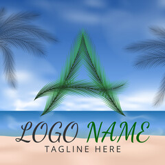 Fototapeta na wymiar Letter A Logo Simbols Green tropical coconut leaf with creative summer concept and Beach Background 