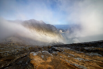 The beautiful scenery of the volcano at Kawah Ijen in sunrise time at Java island, Indonesia.