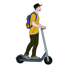 young man rides an electric scooter. comic, isolated, vector.