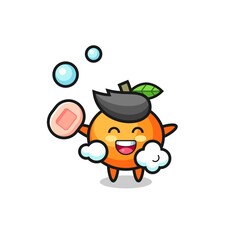 mandarin orange character is bathing while holding soap