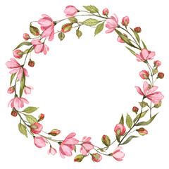 Obraz na płótnie Canvas Circle floral frame with copy space in the center. Watercolor hand painted pink flowers