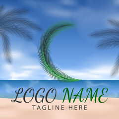 Fototapeta na wymiar Letter C Logo Simbols Green tropical coconut leaf with creative summer concept and Beach Background 