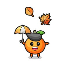 cartoon of the cute mandarin orange holding an umbrella in autumn