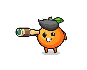 cute mandarin orange character is holding an old telescope