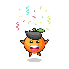 happy mandarin orange mascot jumping for congratulation with colour confetti