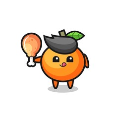 mandarin orange cute mascot is eating a fried chicken