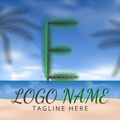 Letter E Logo Simbols Green tropical coconut leaf with creative summer concept and Beach Background 