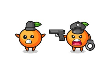 illustration of mandarin orange robber with hands up pose caught by police