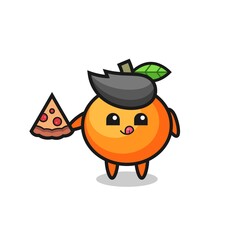 cute mandarin orange cartoon eating pizza