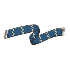 Naklejka premium Blue scarf with a pattern. Autumn and winter clothing. Design element with outline. The theme of winter, autumn. Doodle, hand-drawn. Flat design. Color vector illustration. Isolated on white.