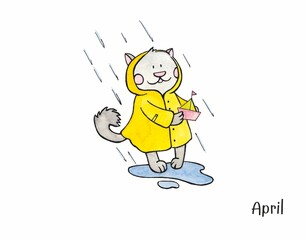 Cute cat launches ships in the rain, drawn watercolor illustration. Monthly calendar with funny cats. Month of april