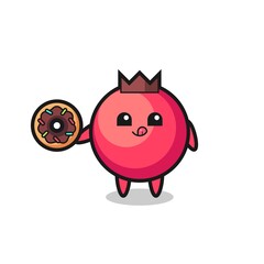 illustration of an cranberry character eating a doughnut