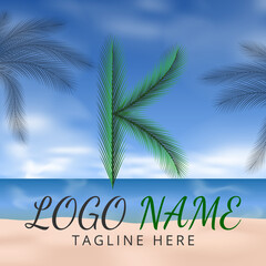 Fototapeta na wymiar Letter K Logo Simbols Green tropical coconut leaf with creative summer concept and Beach Background 