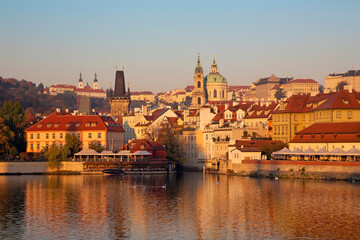 Fototapeta na wymiar Prague - St. Nicholas church on Mala Strana and Strahov monastery in the background in morning.