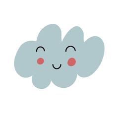 Smiling blue cloud with pink cheeks. In a cartoon style. Great for print for apparel, decoration, typography posters, cards, flyers, banners, baby wears. Kids vector illustration 