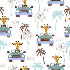 Cute giraffe in the car seamless pattern. Baby print, vector childish background © Afanasia