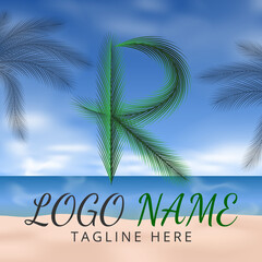 Fototapeta na wymiar Letter R Logo Simbols Green tropical coconut leaf with creative summer concept and Beach Background 