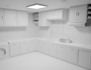 White kitchen modern room 3D rendering interior wallpaper backgrounds