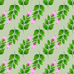 Seamless floral pattern with hand drawn watercolor pink petunias buds and green leaves.On gray background.For wrapping paper,fabrics,textiles,wallpaper,cards,printables and others projects.