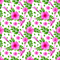 Summer seamless floral pattern with hand drawn watercolor pink petunias flowers,buds and green leaves.On white  background.