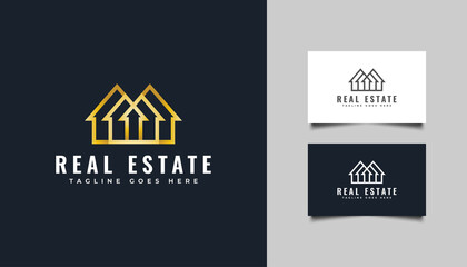 Gold Real Estate Logo in Line Style. Construction, Architecture or Building Logo Design Template