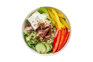 Delicious veggie bowl with cucumber, bell pepper, salad mix, quinoa and tofu in a white plate. Isolated on white background. View from above