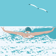 Athlete swimming in butterfly style, sea, waves, seagulls - vector. Active sports.