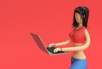 Fototapeta premium 3D Render illustration of Cute Girl Working Using Laptop on a Red Background.