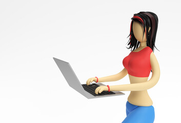 Fototapeta premium 3D Render illustration of Cute Girl Working Using Laptop on a White Background.