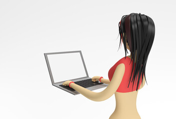 3D Render illustration of Cute Girl Working Using Laptop on a White Background.