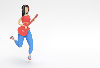 3D Render Acoustic Guitar with Woman Cartoon Characters 3d illustration Design.