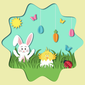 Happy Easter banner with painted hanging eggs, rabbit, ladybug and chicken in the grass. For Easter day, invitation, greeting card, posters and wallpaper. Paper cut style. Vector illustration.