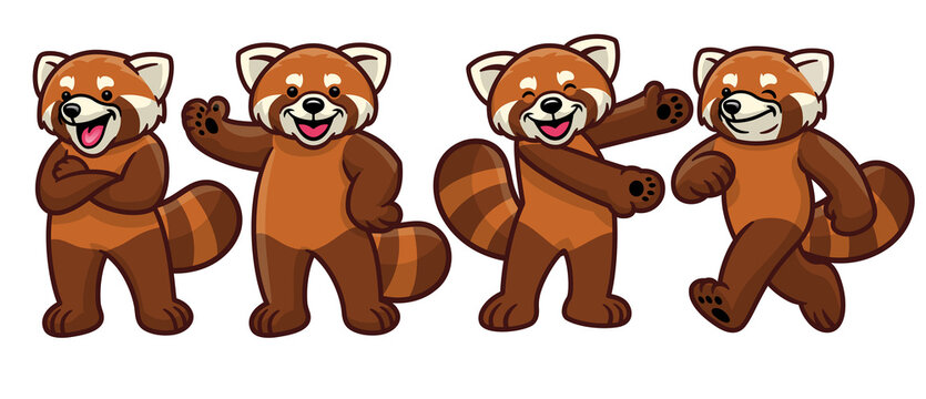 set of cartoon red panda character